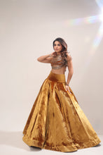 Load image into Gallery viewer, A woman modeling a traditional Indian outfit consisting of a metallic gold velvet skirt and a matching embellished crop top, set against a light gray studio background with a lens flare effect.
