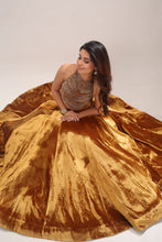 Load image into Gallery viewer, A woman wearing a voluminous champagne-gold velvet ball gown with a textured metallic bodice, posing on a neutral beige studio background.
