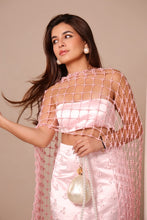 Load image into Gallery viewer, A woman modeling a light pink traditional outfit with a matching pink beaded net shawl draped over her shoulders, a satin crop top, embroidered skirt, and holding a pearl clutch bag against a solid beige background.
